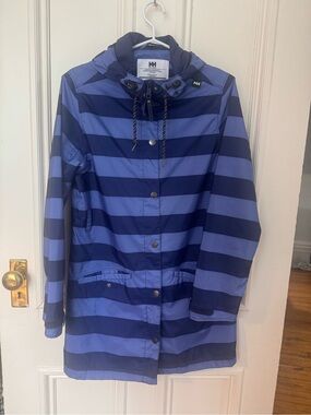 Helly Hansen Blue and Navy Striped Hooded Trench Coat